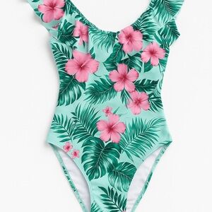 Cupshe One-Piece Swimsuit L | Floral Tropical Print with Ruffle Sleeves | NWOT